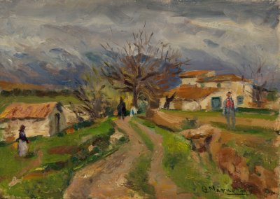 Philadelphia Street, Houses, Figures, Parnitha in Background — Oil painting, Fiberboard, 25.00×35.00cm — Theodoros Markellos